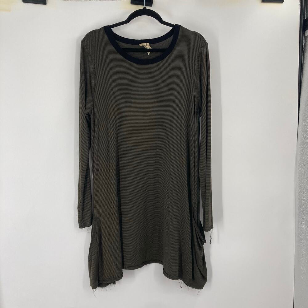 Sea Gypsies Olive Green Black Stripe Lagenlook Pocket Jersey Knit Dress Medium